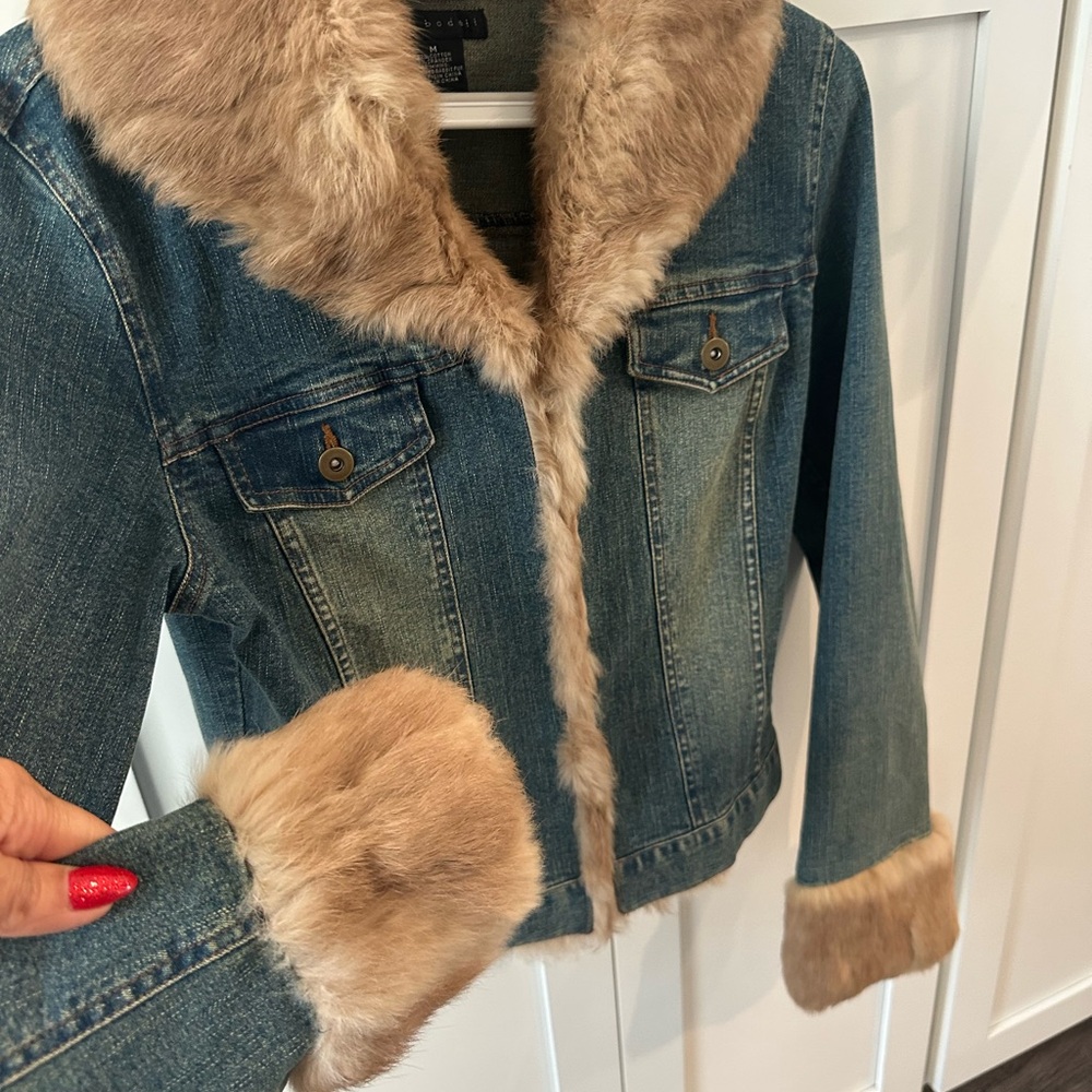 Sheri Bodell Blue Denim Jacket with Faux Fur Trim -Stretch